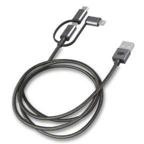 GP 3-in-1 USB-kaapeli, USB-C+Micro-USB +Lightning, 1m harmaa