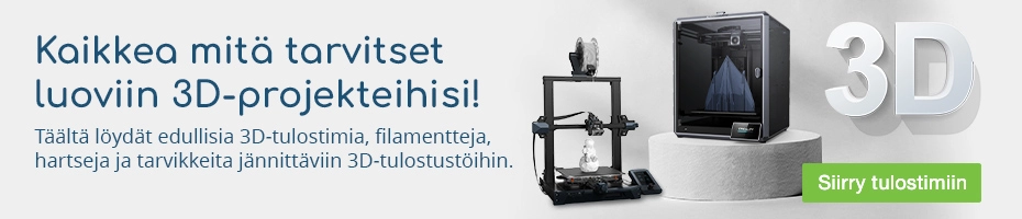 Klikattava banneri, jossa on teksti: Kaikkea mitä tarvitset luoviin 3D-projekteihisi! Täältä löydät edullisia 3D-tulostimia, filamentteja, hartseja ja tarvikkeita jännittäviin 3D-tulostustöihin.