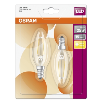 OSRAM alt Kronlampa E14 LED 2,5W 2700K 250 lumen 2-pack